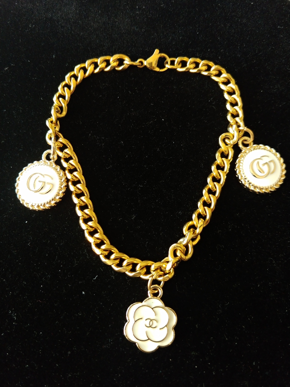 Gold-Tone Charm Chain Bracelet with White Enamel Charms